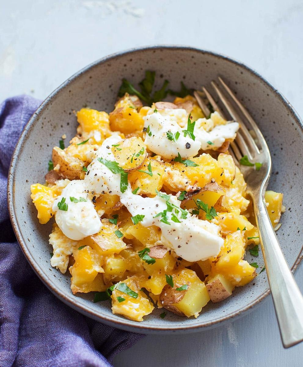 Cheesy Potato Egg Scramble Recipe
