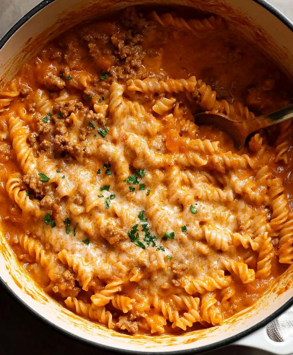 One Pot Creamy Tomato Beef Pasta Recipe