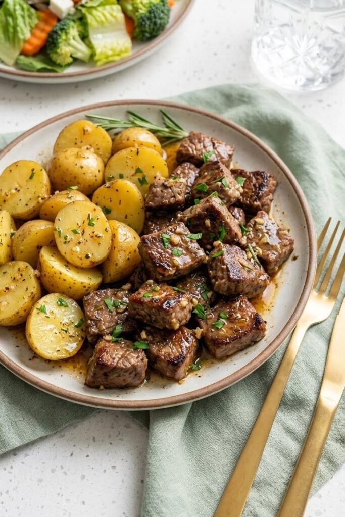 Crockpot Meals: Slow Cooker Garlic Butter Steak Bites Recipe & Potatoes