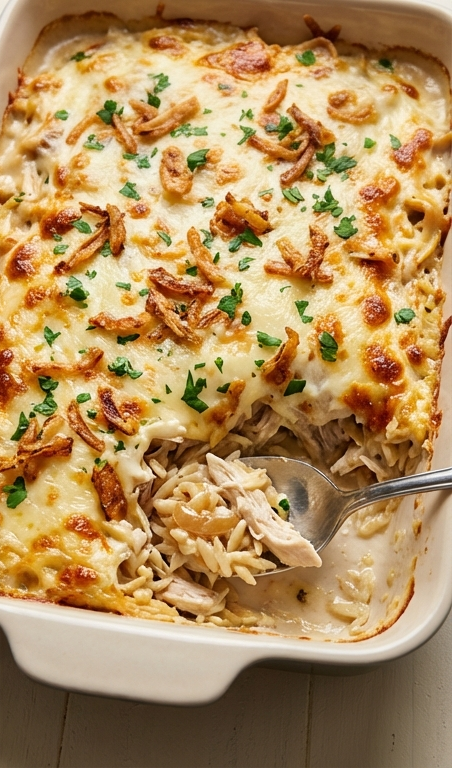 French Onion Chicken Orzo Casserole Recipe for Family Dinners