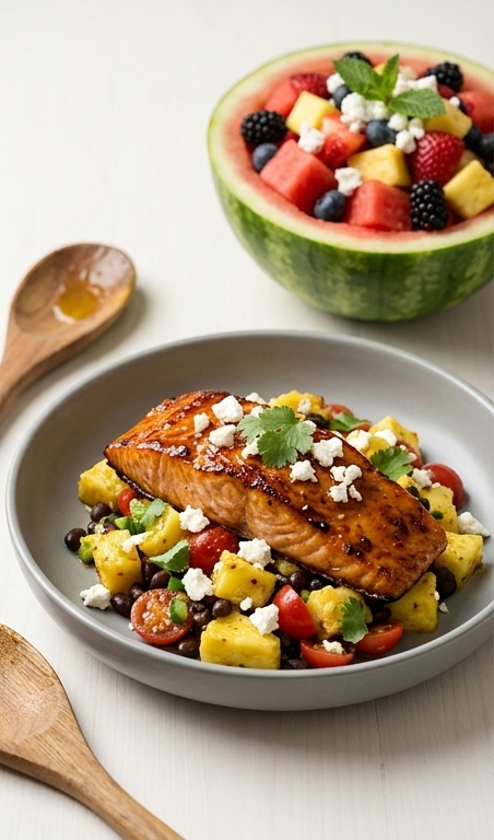 Caribbean-Jerk-Salmon-with-Curried-Pineapple-and-Goat-Cheese-Salad---Fruit-Salad--pin1
