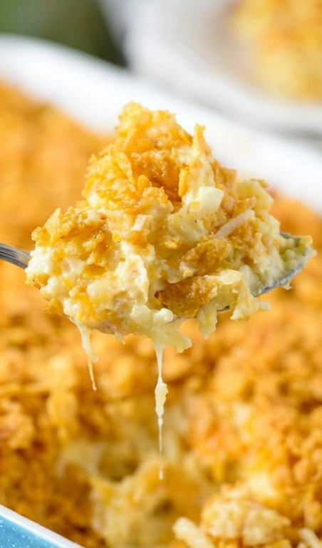 Cheesy Funeral Potatoes With Hashbrowns Recipe and Corn Flakes Crunch