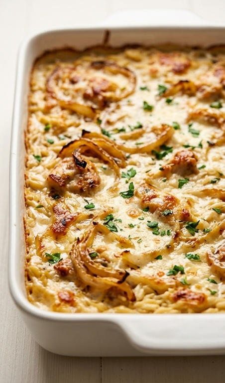 Cozy French Onion Chicken Orzo Casserole Recipe for Families