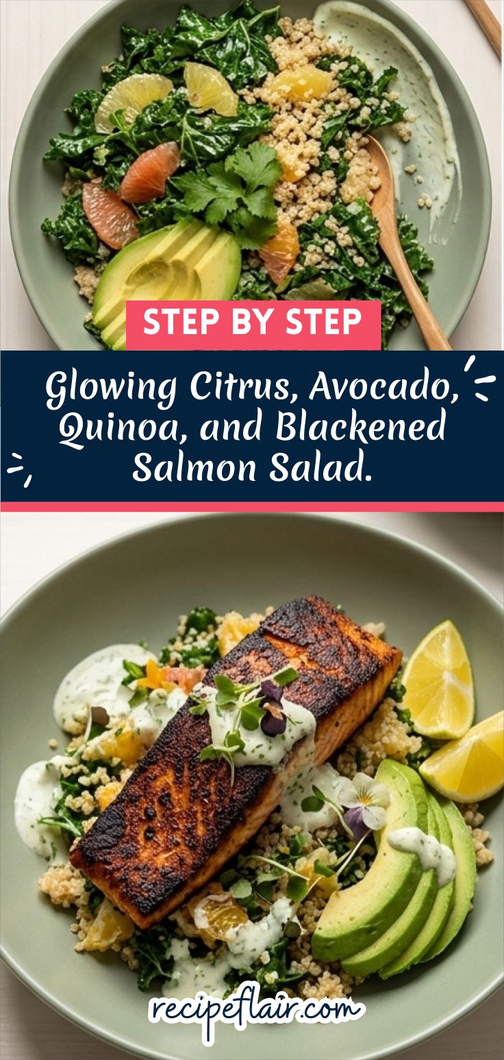 Glowing Citrus, Avocado, Quinoa, and Blackened Salmon Salad.