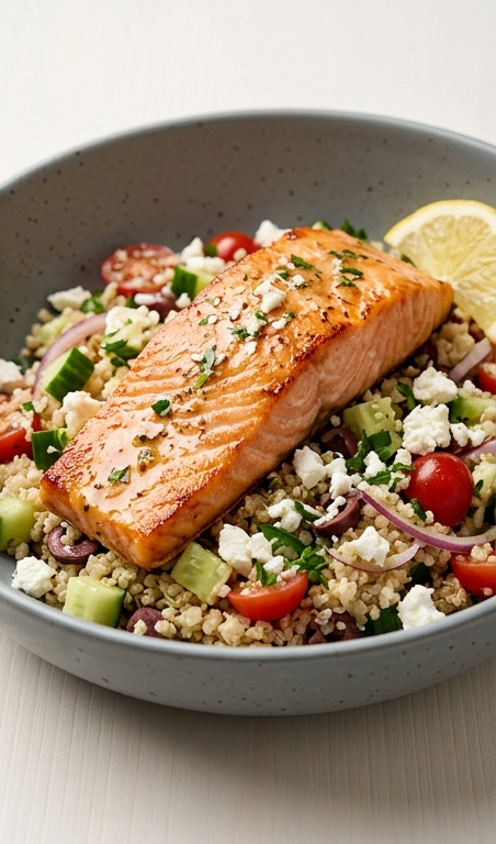 Healthy Easy Mediterranean Bowl with Salmon Recipe for Families