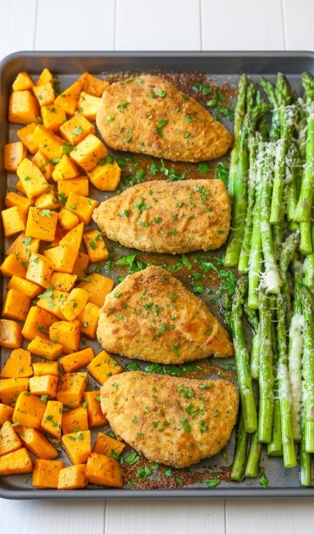One-Pan-Baked-Chicken-with-Butternut-Squash-and-Parmesan-Asparagus-pin1