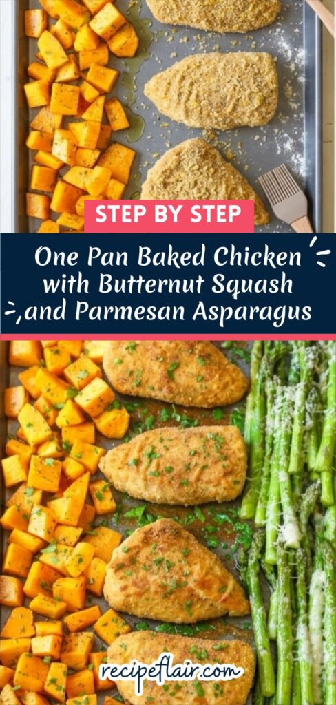 One Pan Baked Chicken with Butternut Squash and Parmesan Asparagus
