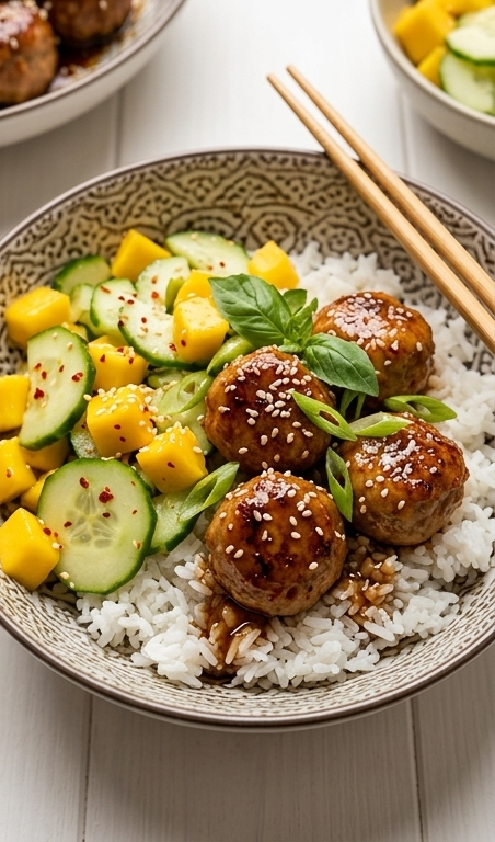 Sweet-and-Spicy-Sesame-Meatball-Bowl-with-Mango-Cucumber-Salad-pin1