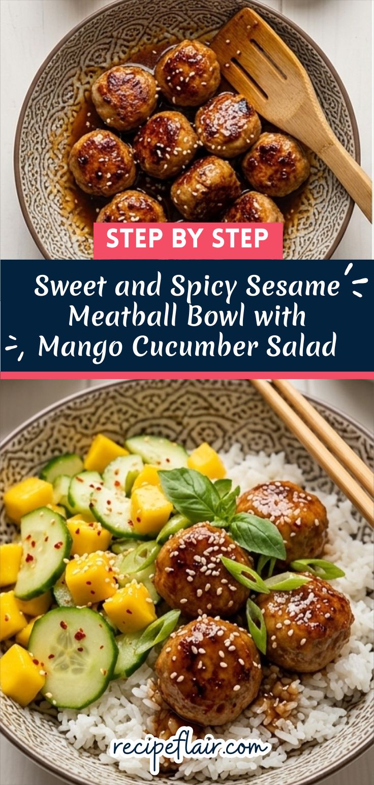 Sweet and Spicy Sesame Meatball Bowl with Mango Cucumber Salad