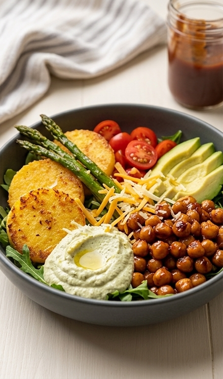 BBQ-Chickpea-and-Crispy-Polenta-Bowls-with-Asparagus---Ranch-Hummus--pin1