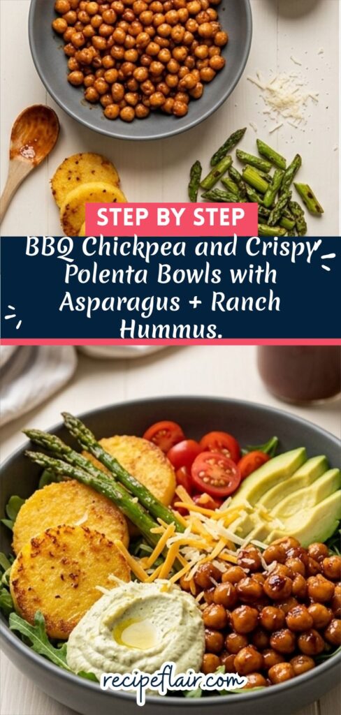 BBQ Chickpea and Crispy Polenta Bowls with Asparagus + Ranch Hummus.