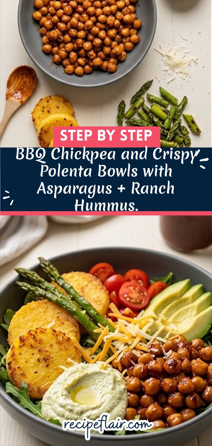 BBQ Chickpea and Crispy Polenta Bowls with Asparagus + Ranch Hummus.
