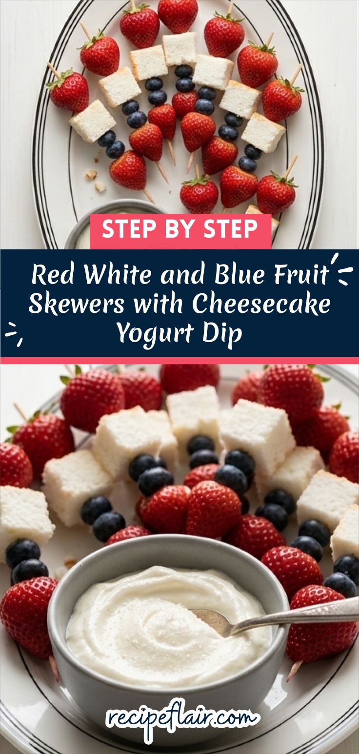 Red White and Blue Fruit Skewers with Cheesecake Yogurt Dip