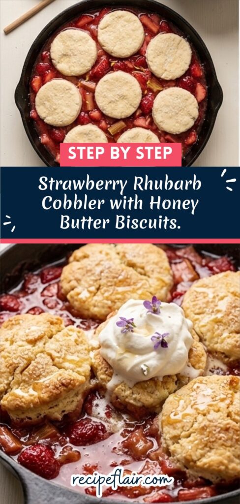 Strawberry Rhubarb Cobbler with Honey Butter Biscuits.