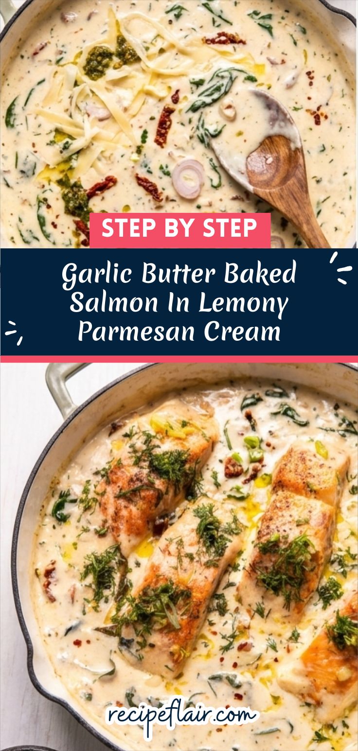 Garlic Butter Baked Salmon In Lemony Parmesan Cream