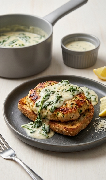 Garlic-Parmesan-Burgers---Creamed-Spinach-Sauce-pin1